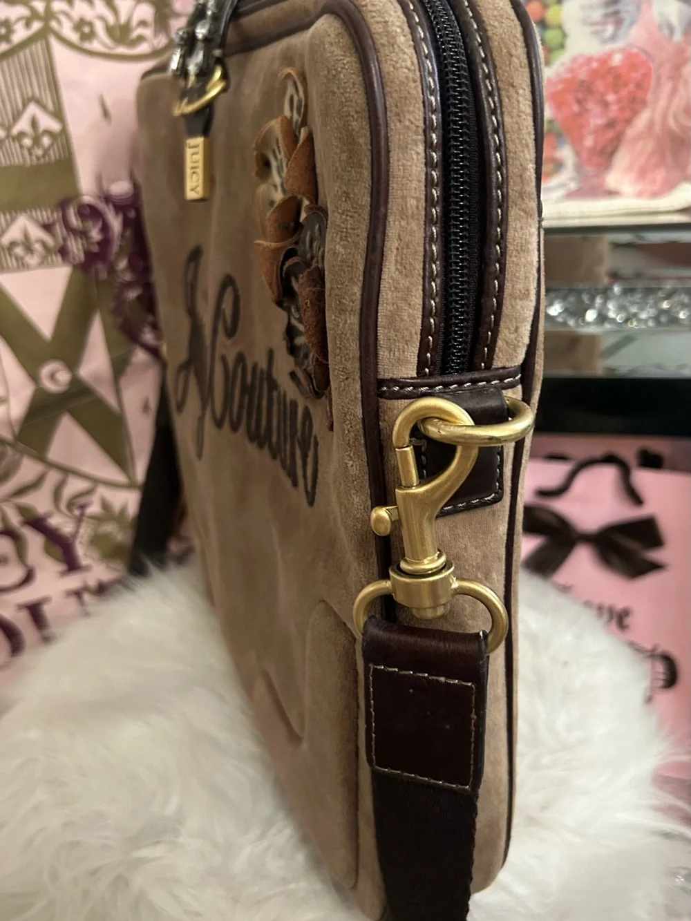 Y2K Vintage 2008 Juicy Couture Brown Velour Laptop Crossbody Bag Floral Logo